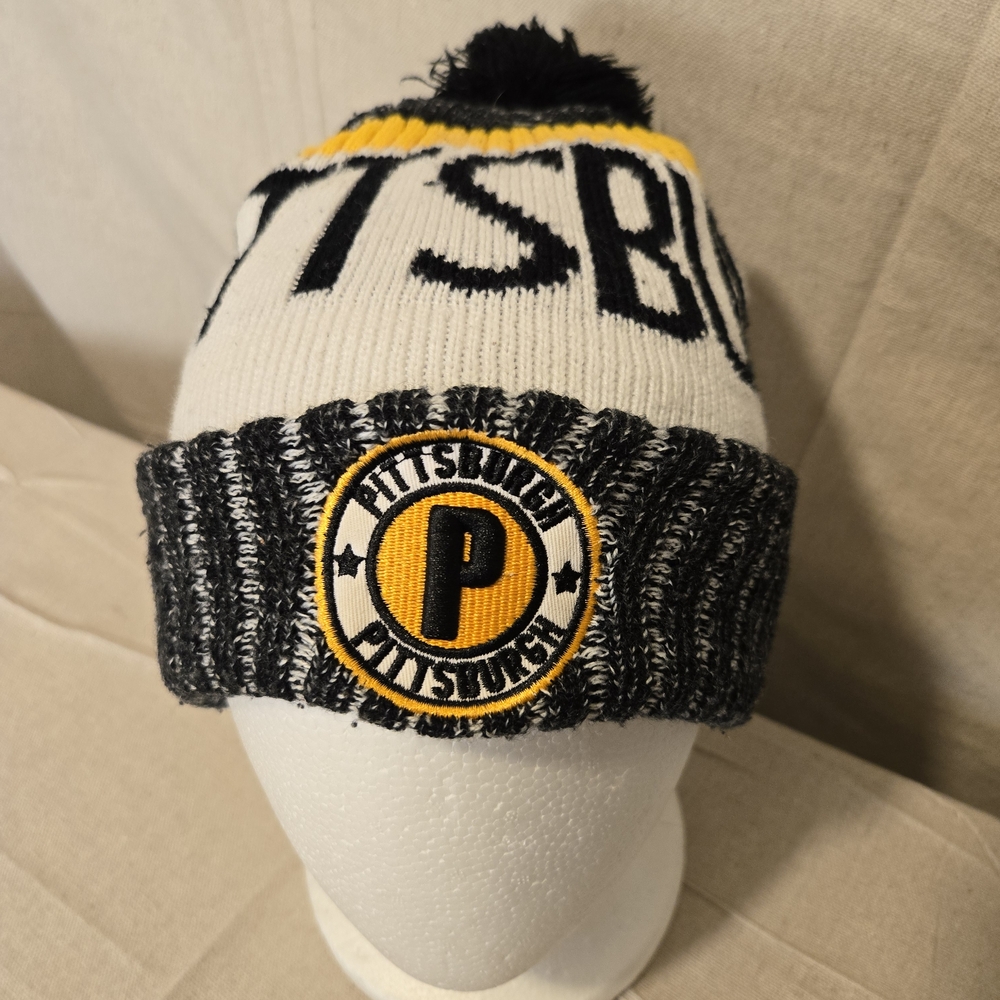 Pittsburgh Pom Pom Knit Beanie Black Yellow White One Size